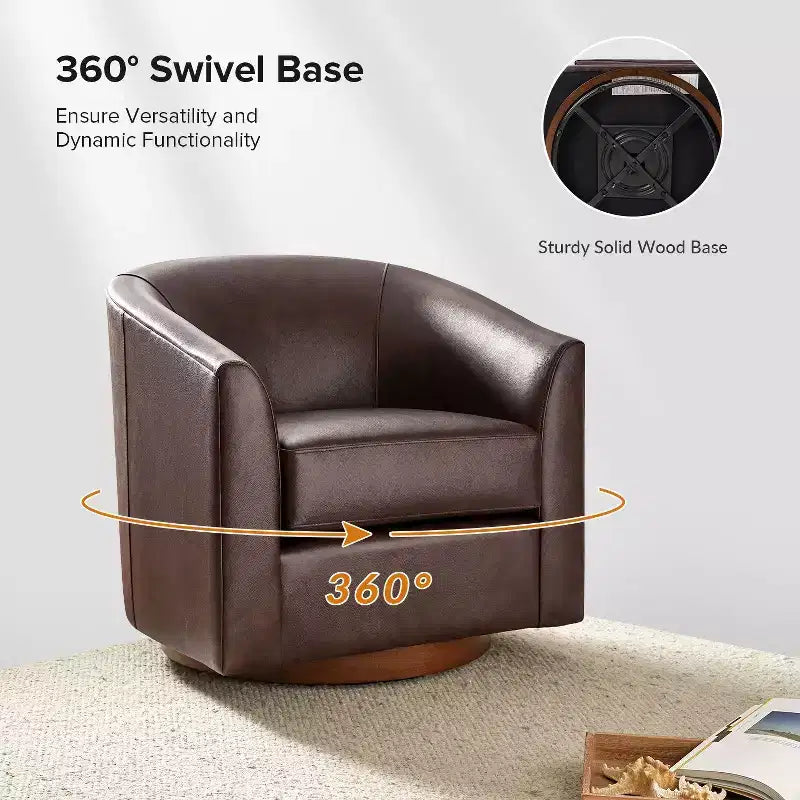 Fauteuil pivotant à 360° en cuir véritable avec piètement en bois massif
