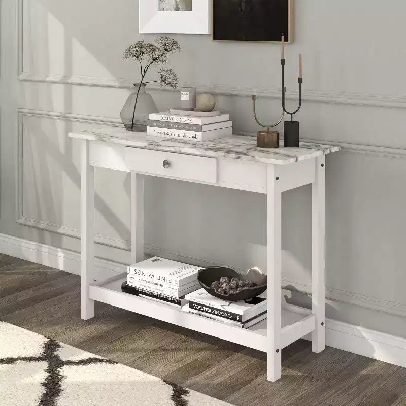 Console de rangement de style transitionnel avec plateau aspect marbre et tiroir