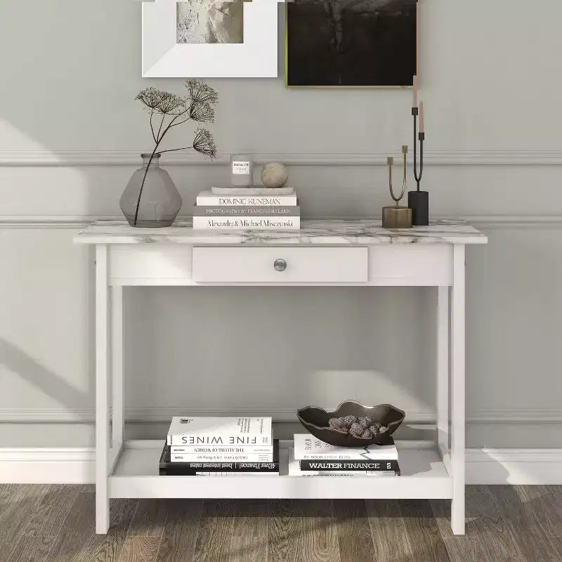 Console de rangement de style transitionnel avec plateau aspect marbre et tiroir