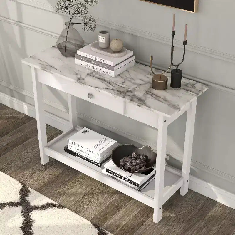 Console de rangement de style transitionnel avec plateau aspect marbre et tiroir