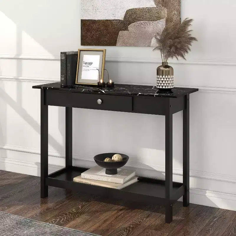 Console de rangement de style transitionnel avec plateau aspect marbre et tiroir