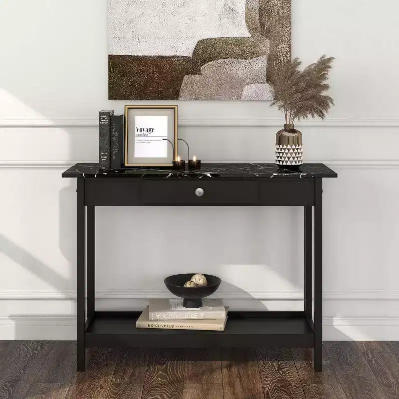 Console de rangement de style transitionnel avec plateau aspect marbre et tiroir
