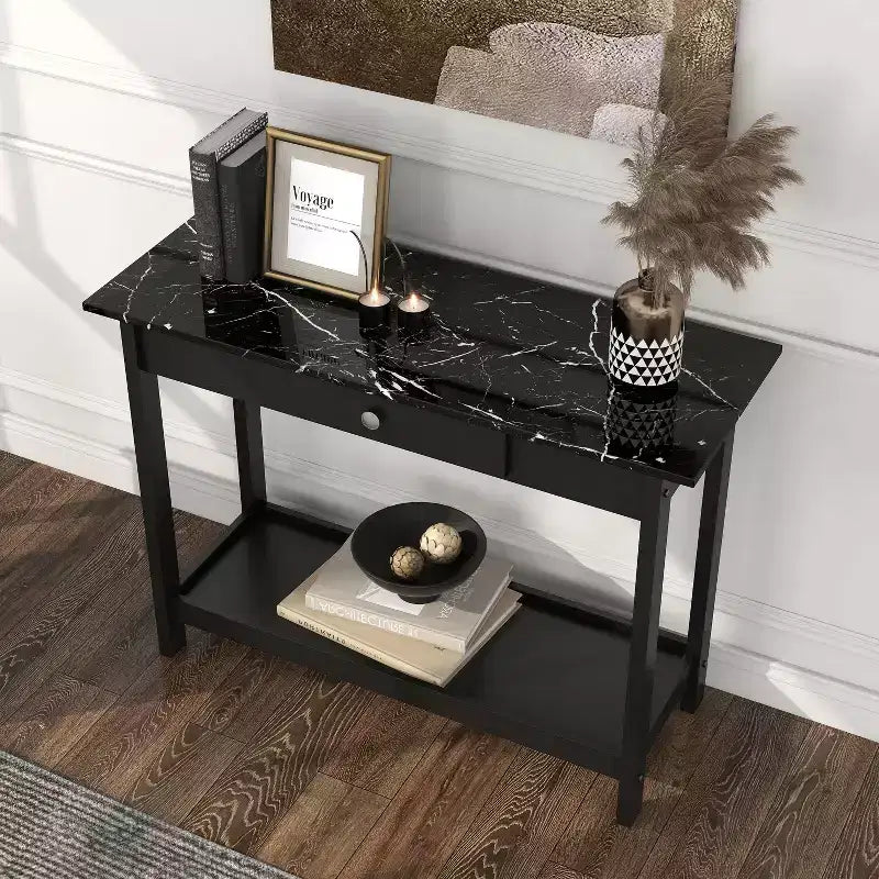 Console de rangement de style transitionnel avec plateau aspect marbre et tiroir