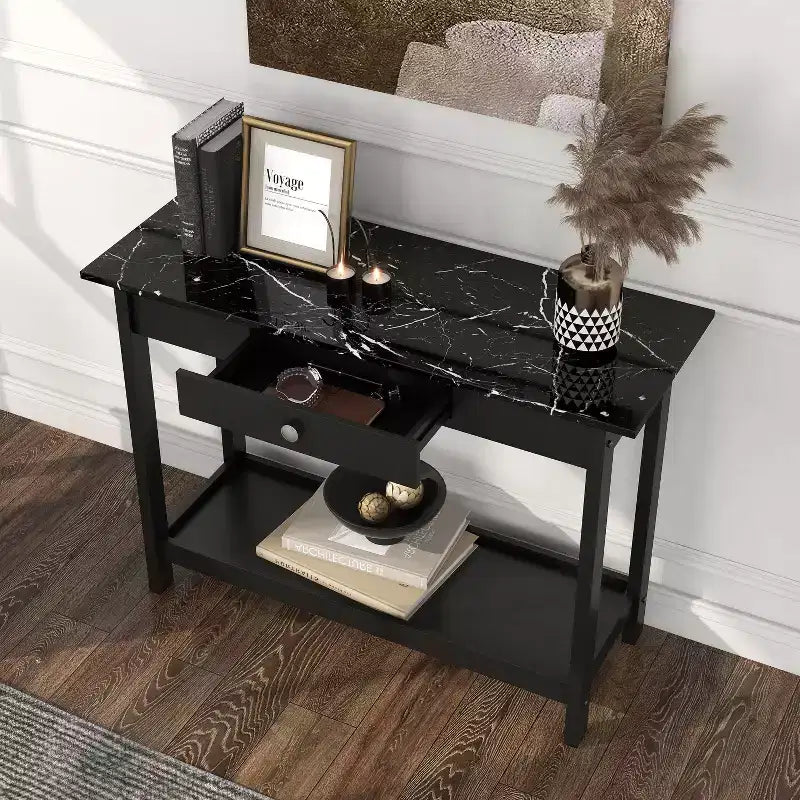 Console de rangement de style transitionnel avec plateau aspect marbre et tiroir