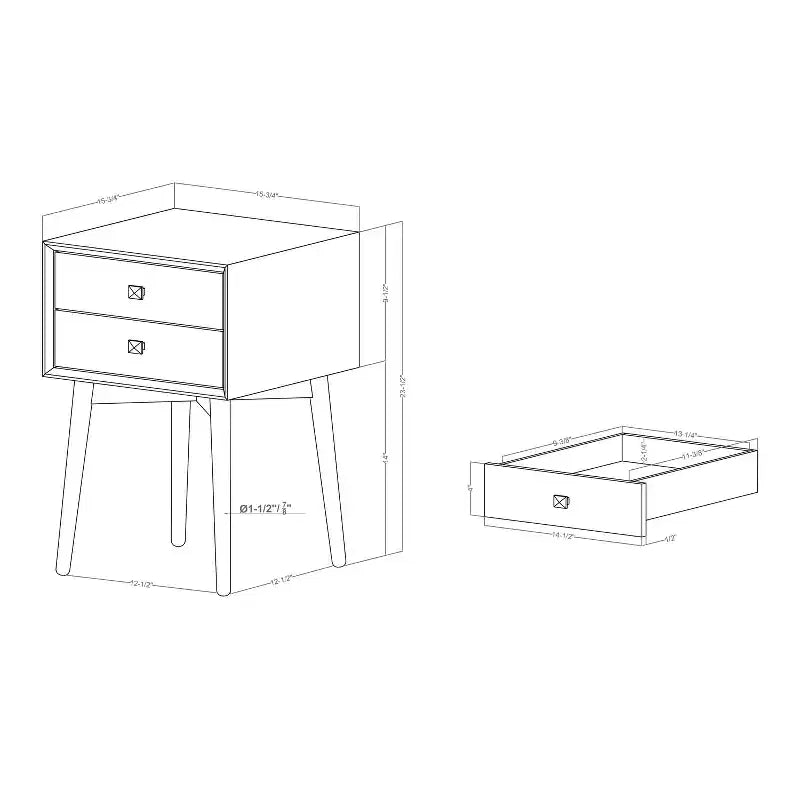 Table de chevet à 2 tiroirs – Rangement compact pour chambre à coucher avec cadre en bois