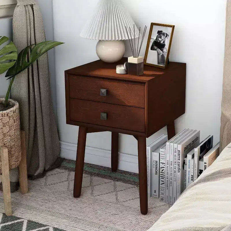 Table de chevet à 2 tiroirs – Rangement compact pour chambre à coucher avec cadre en bois