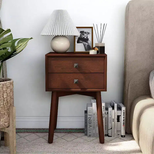 Table de chevet à 2 tiroirs – Rangement compact pour chambre à coucher avec cadre en bois