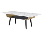 Table basse rectangulaire moderne – Plateau en faux marbre avec compartiment de rangement ouvert