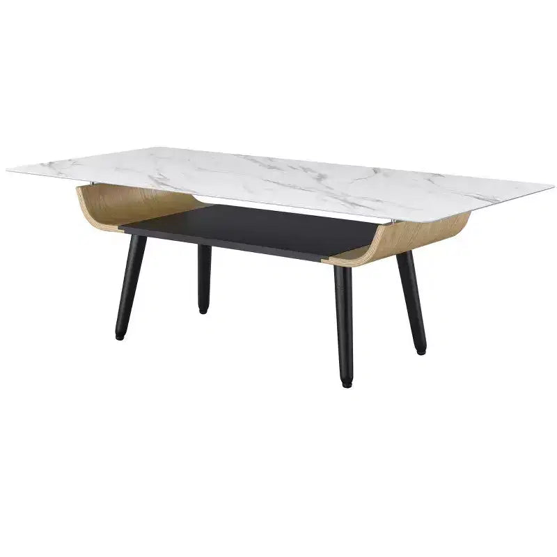 Table basse rectangulaire moderne – Plateau en faux marbre avec compartiment de rangement ouvert