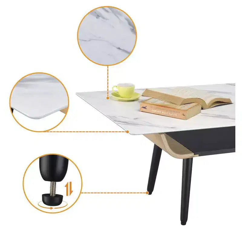 Table basse rectangulaire moderne – Plateau en faux marbre avec compartiment de rangement ouvert