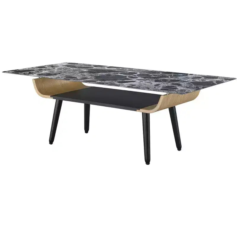 Table basse rectangulaire moderne – Plateau en faux marbre avec compartiment de rangement ouvert