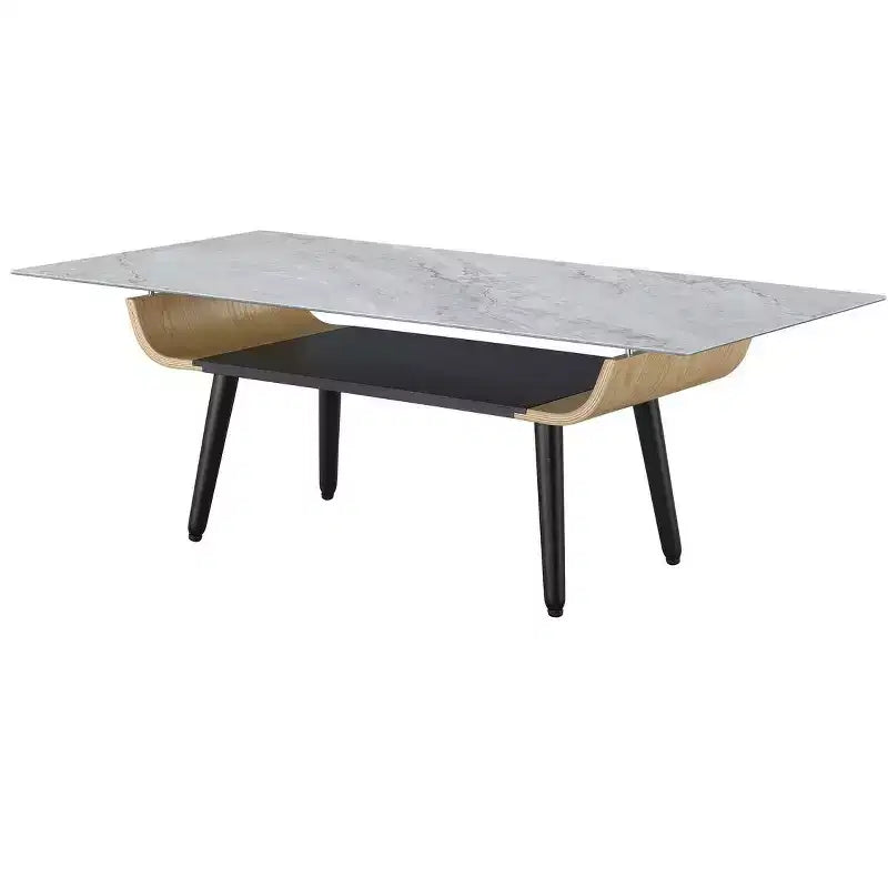 Table basse rectangulaire moderne – Plateau en faux marbre avec compartiment de rangement ouvert
