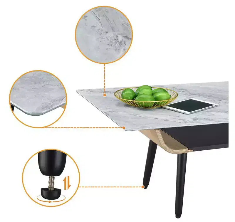 Table basse rectangulaire moderne – Plateau en faux marbre avec compartiment de rangement ouvert
