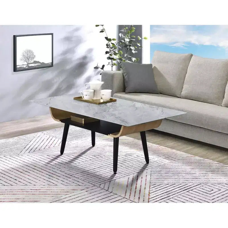 Table basse rectangulaire moderne – Plateau en faux marbre avec compartiment de rangement ouvert