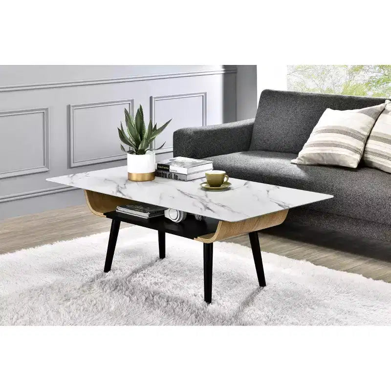 Table basse rectangulaire moderne – Plateau en faux marbre avec compartiment de rangement ouvert