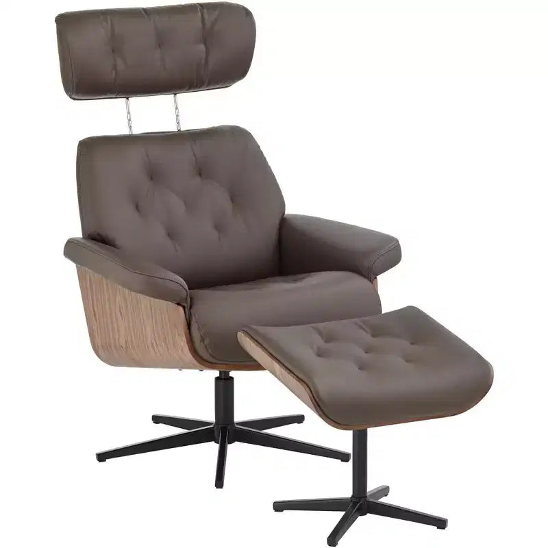 Fauteuil inclinable pivotant en similicuir touffeté couleur chocolat avec pouf incliné