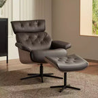 Fauteuil inclinable pivotant en similicuir touffeté couleur chocolat avec pouf incliné