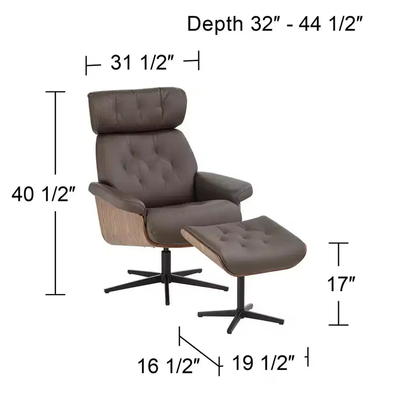 Fauteuil inclinable pivotant en similicuir touffeté couleur chocolat avec pouf incliné