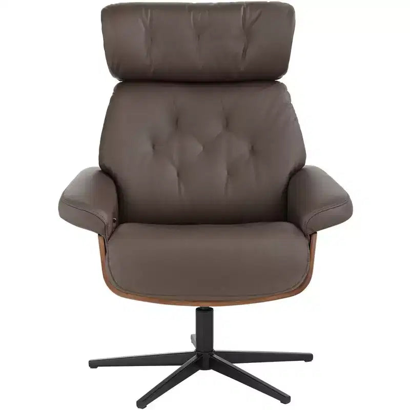 Fauteuil inclinable pivotant en similicuir touffeté couleur chocolat avec pouf incliné