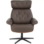Fauteuil inclinable pivotant en similicuir touffeté couleur chocolat avec pouf incliné