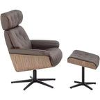 Fauteuil inclinable pivotant en similicuir touffeté couleur chocolat avec pouf incliné