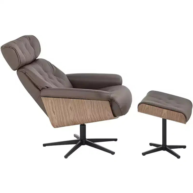 Fauteuil inclinable pivotant en similicuir touffeté couleur chocolat avec pouf incliné